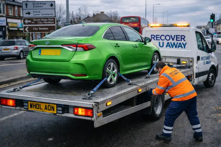 Green SUV car towing seven kings uk