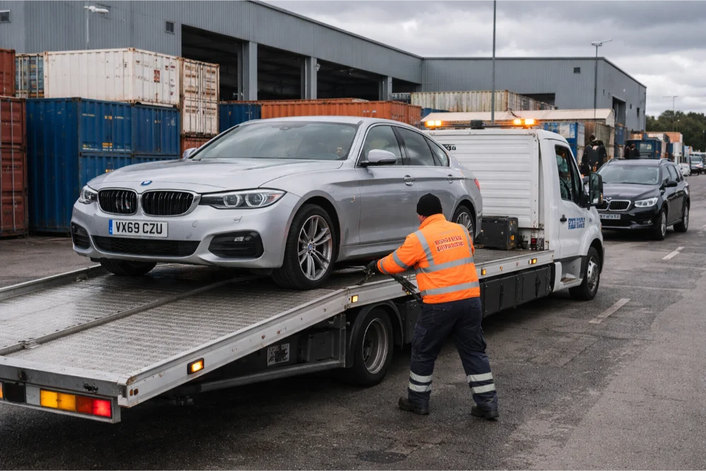 BMW 3 Series logistics yard flatbed loading