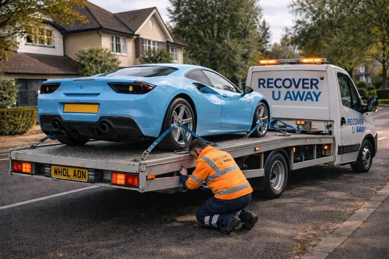 Light blue ferrari flatbed recovery london