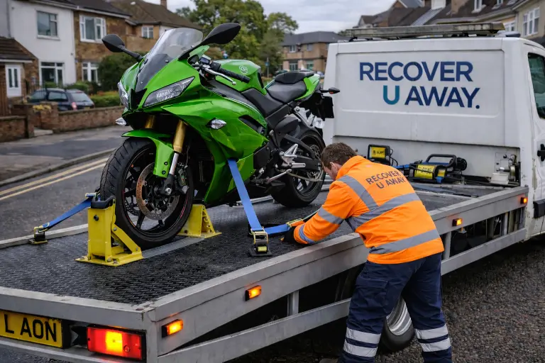 Motorbike recovery Kawasaki flatbed towing Upminster