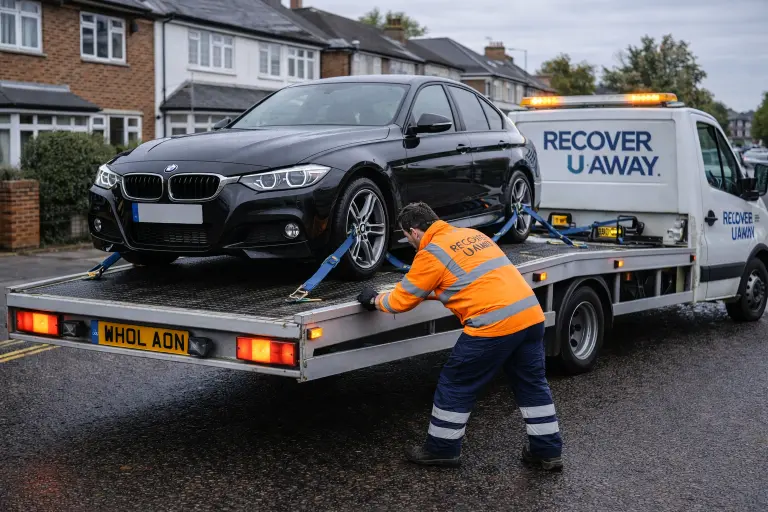 BMW car loaded recovery truck upminster