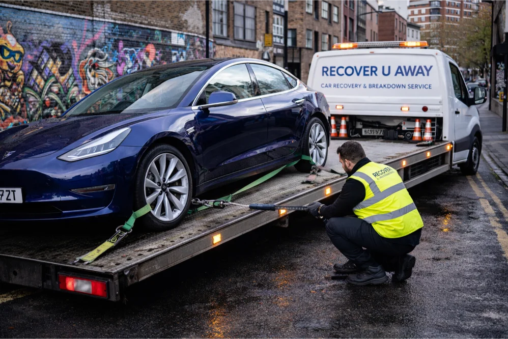 Tesla Model 3 EV flatbed loading Shoreditch
