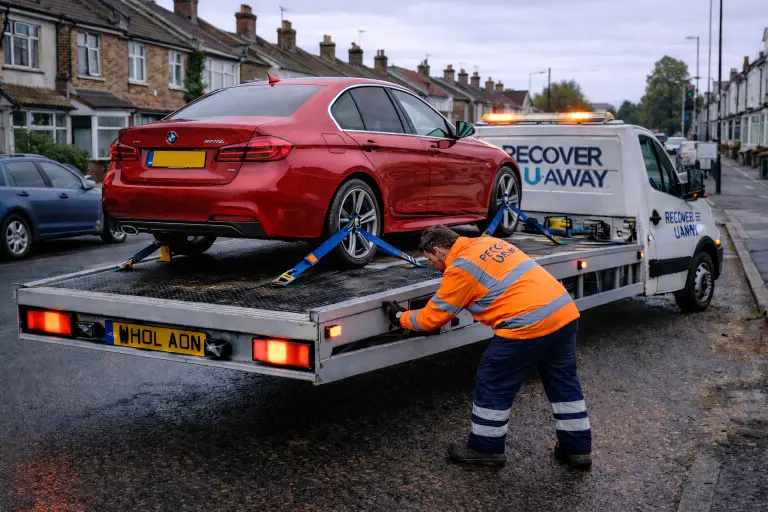 Red car flatbed towing goodmayes