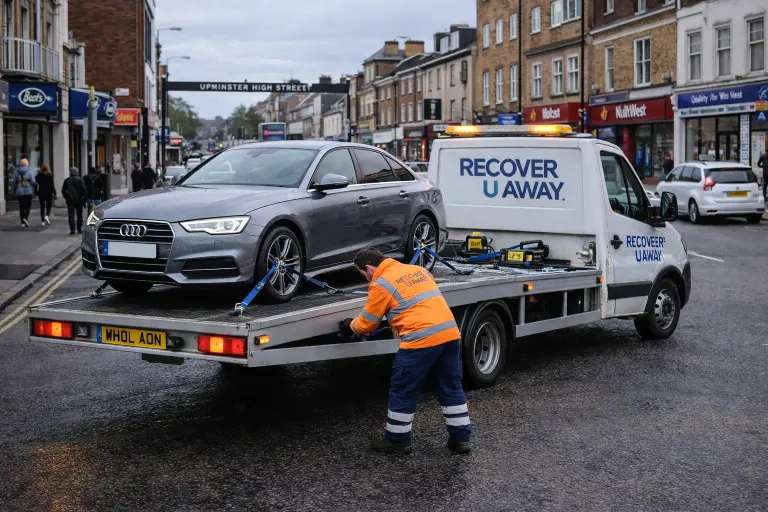 High Street Audi Car recovery flatbed towing Upminster