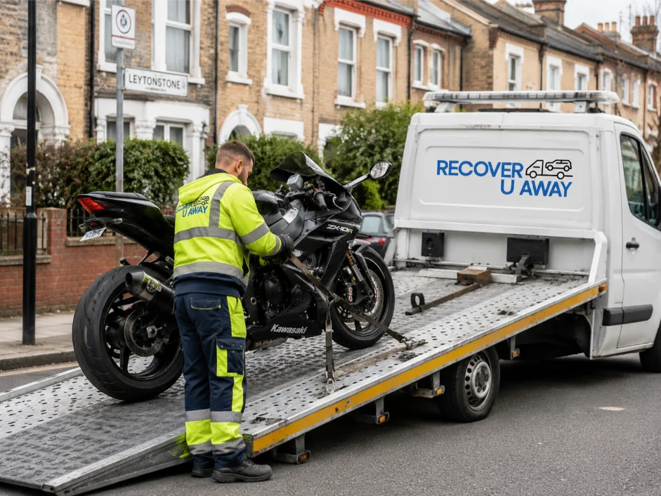 Black Kawasaki Ninja ZX-10R Motorbike Towing Leytonstone