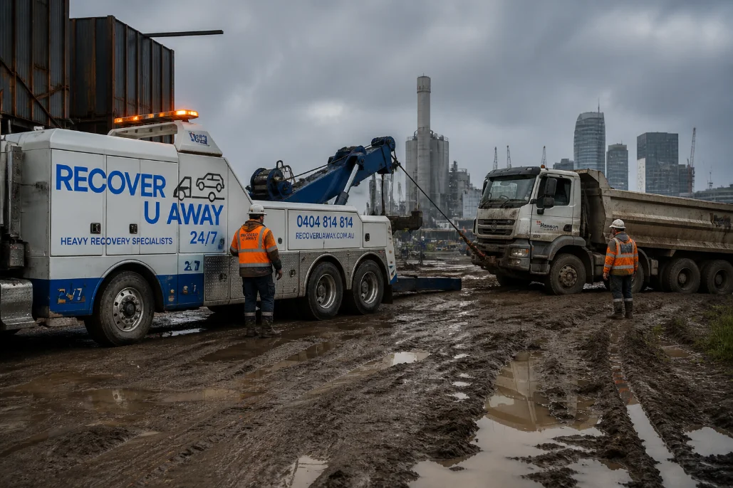 construction truck recovery docklands industrial area