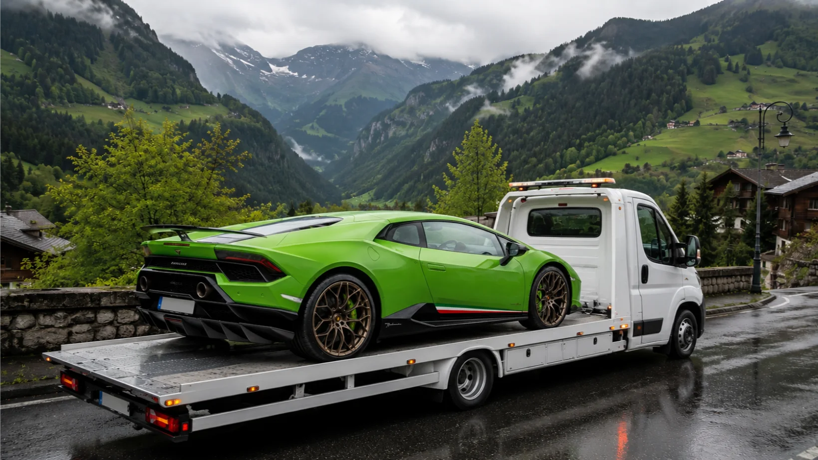 green lamborghini supercar recovery french alps