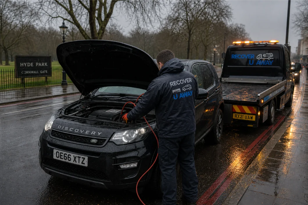hyde park land rover discovery battery jump start rainy london