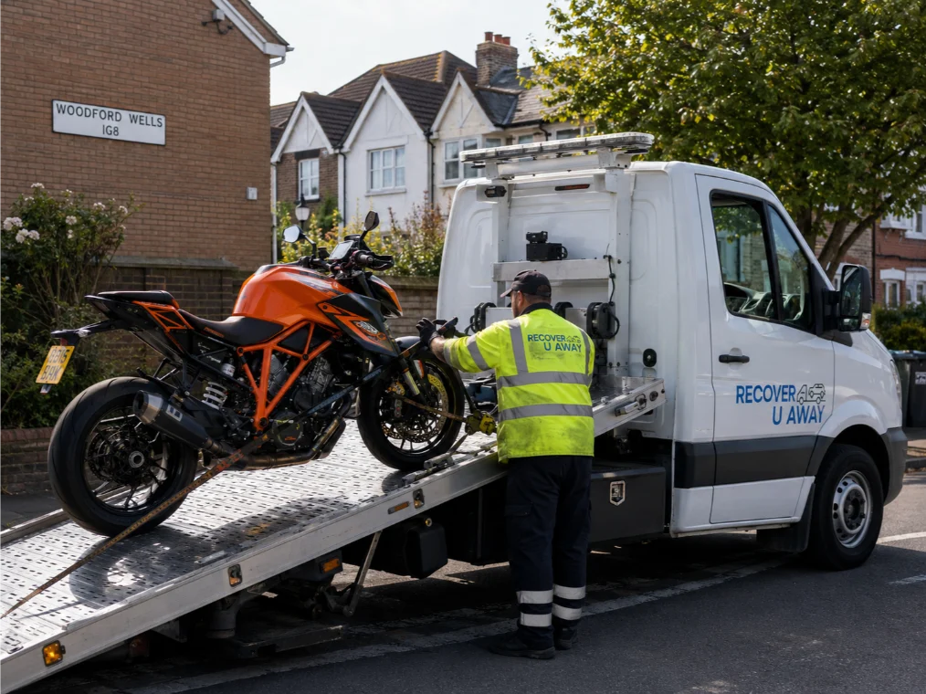 Orange KTM 1290 Super Duke Motorbike Towing Woodford