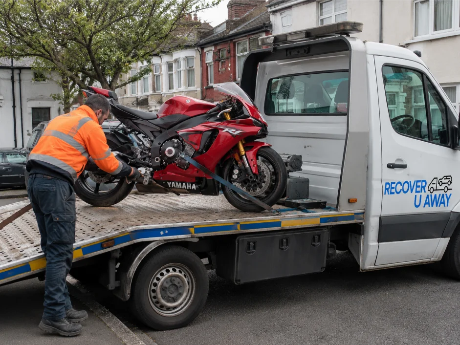 Red Yamaha R1 Motorbike Towing East Ham