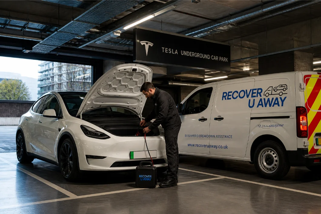 tesla model y underground car park battery boost london