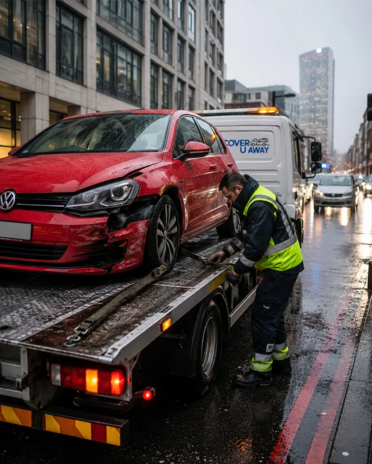 accident recovery london red volkswagen golf