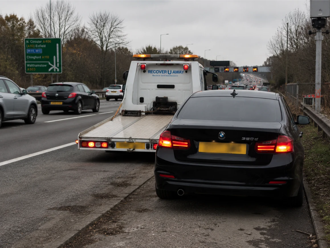 BMW 3 Series emergency towing on the A406 North Circular in London
