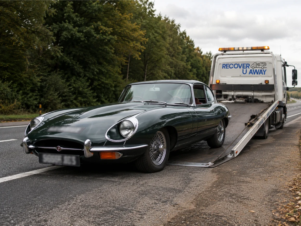 Jaguar E-Type classic car recovery on the A12 in London