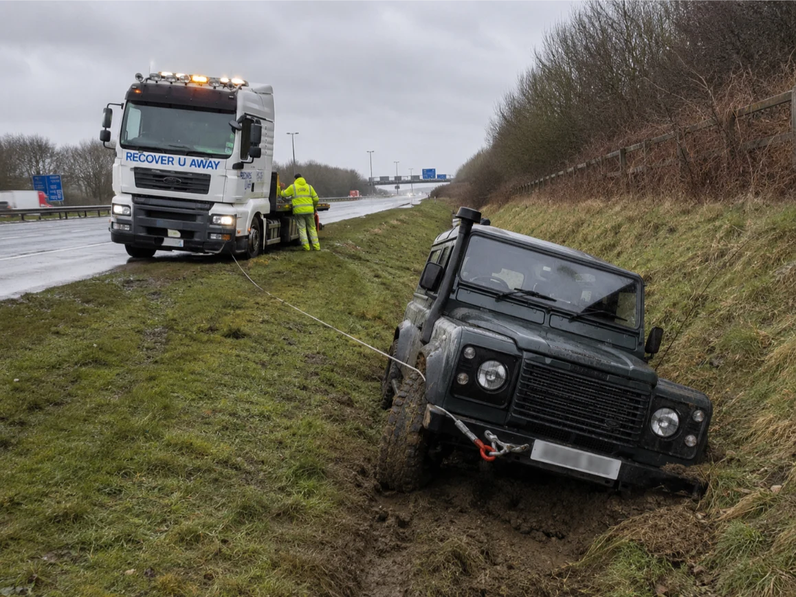 Land Rover Defender ditch recovery on the M25 motorway