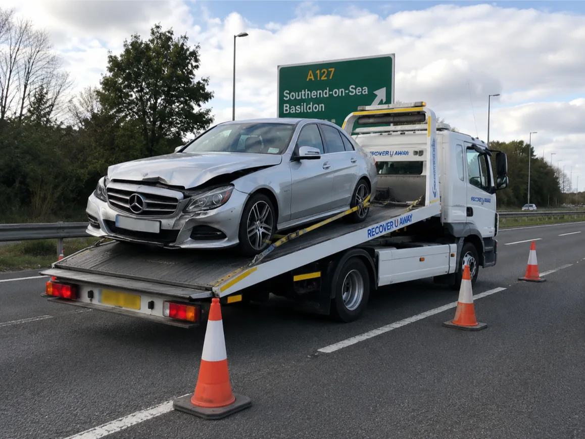 Mercedes E-Class accident recovery on the A127 in Essex