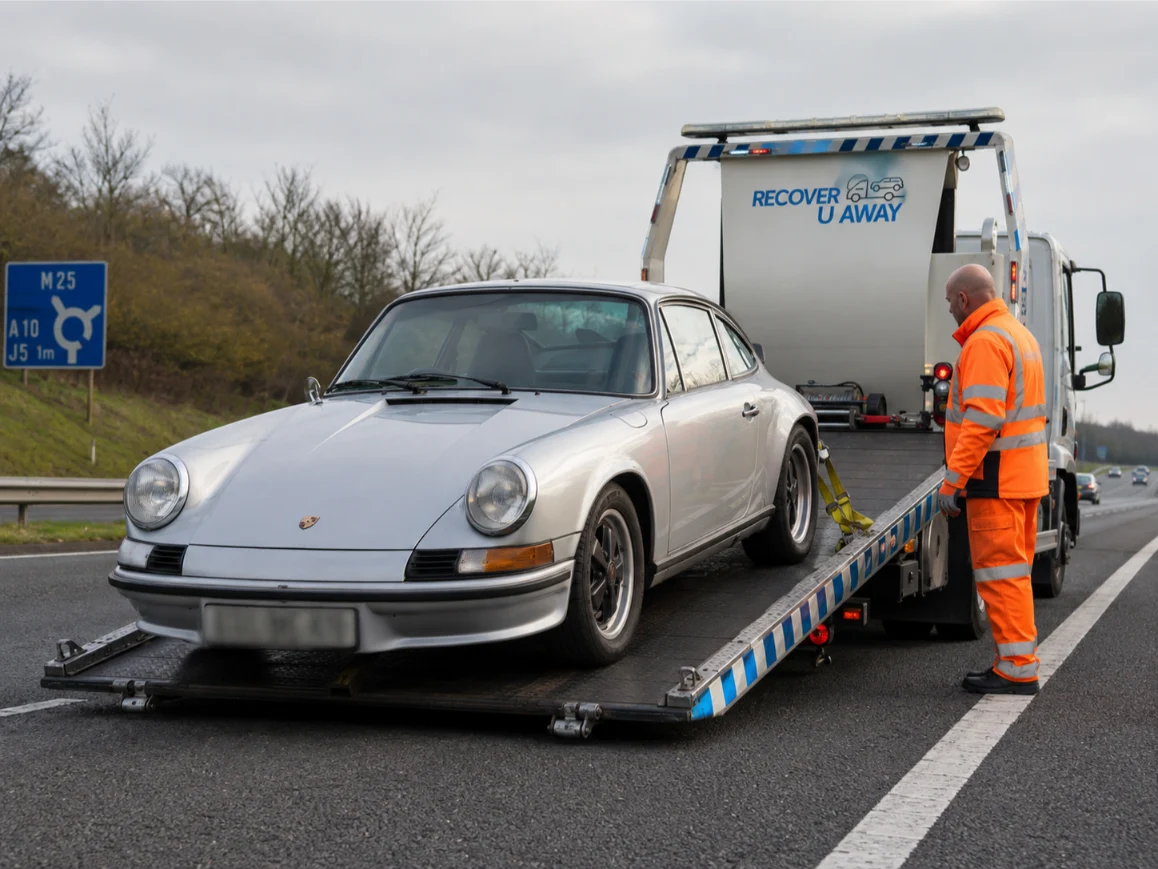 Porsche 911 classic car recovery on the M25 motorway
