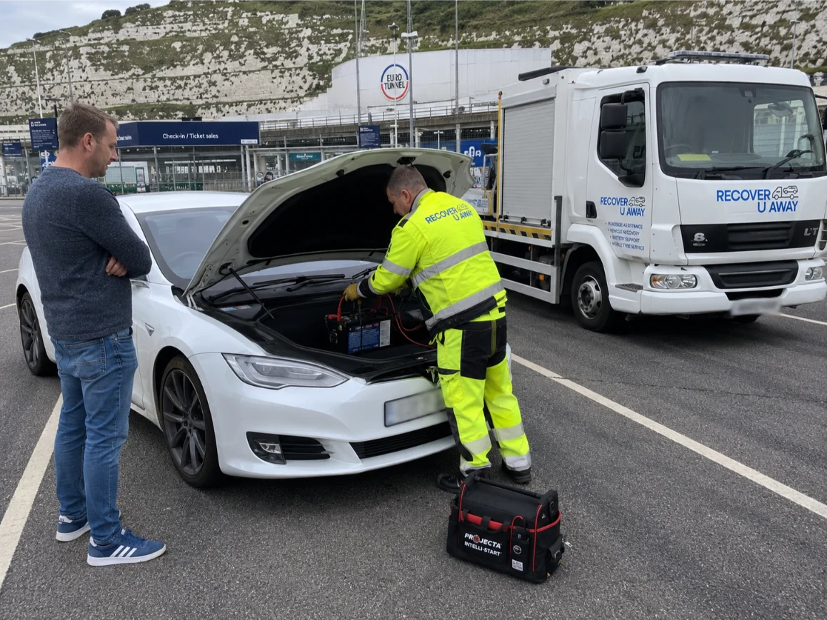 Tesla Model S battery jump start at Eurotunnel Folkestone