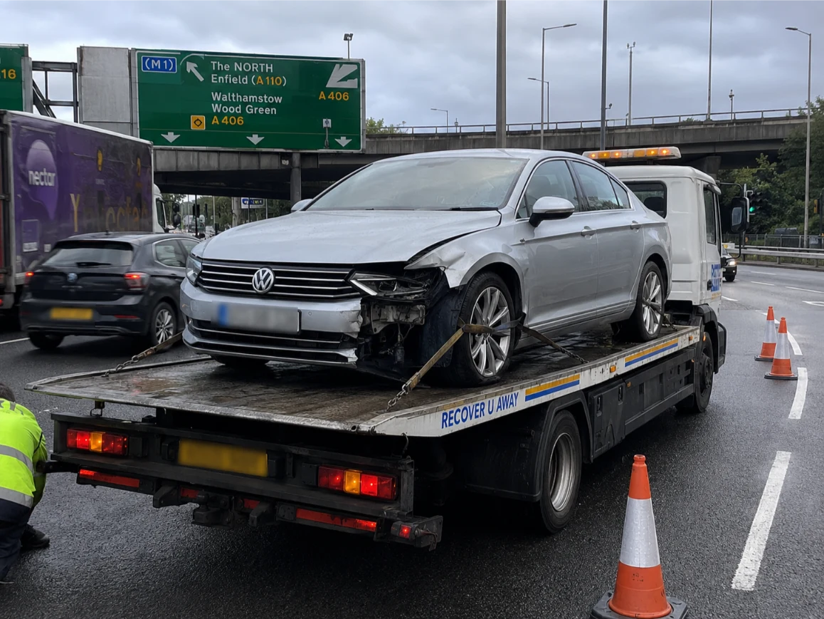 Volkswagen Passat accident recovery on the A406 North Circular in London