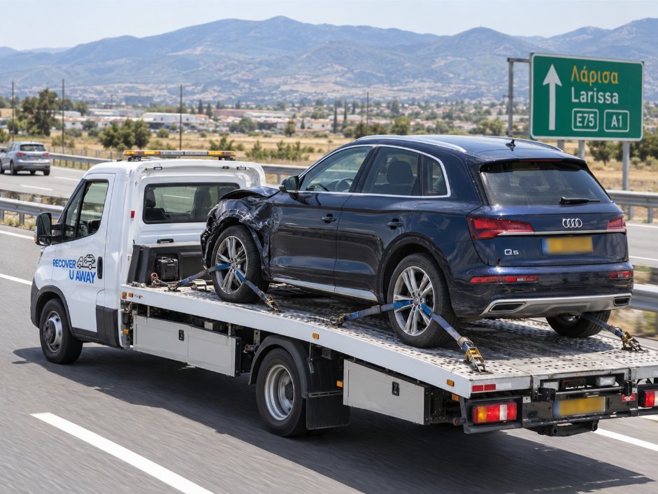 Audi-q5-accident damaged vehicle transport Larissa Greece