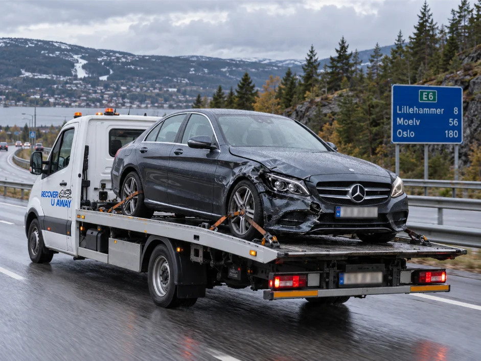 Mercedes-c-class-accident-damaged-vehicle-transport-Lillehammer-Norway