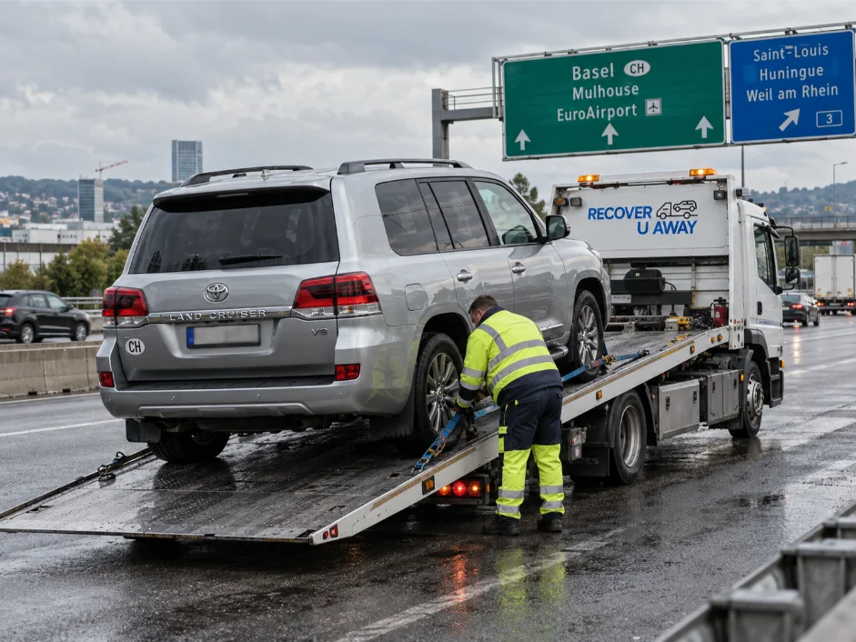 Vehicle Transport Switzerland to UK Toyota-land-cruiser-car-towing Basel Switzerland-to-UK