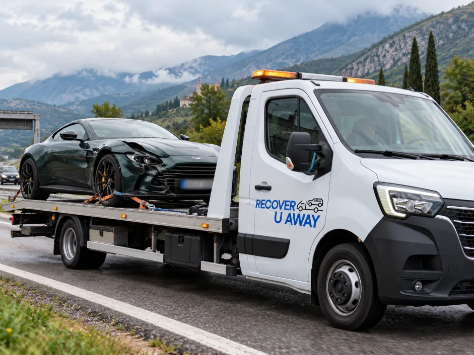 Europe to UK Supercar & Prestige Vehicle Transport Aston Martin Vantage Accident recovery and vehicle transport Itlay to UK