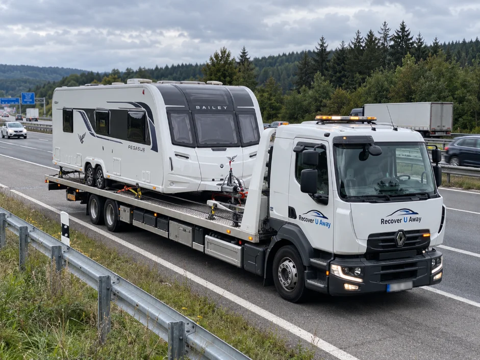 European Caravan Recovery Bailey Pegasus Caravan Breakdown Recovery Germany To UK.