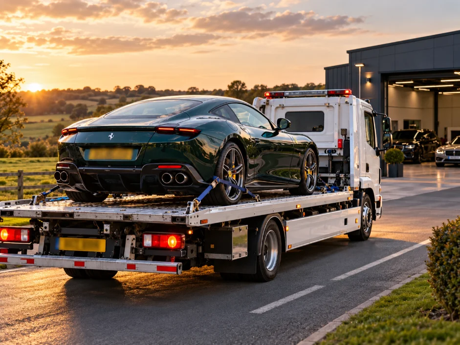 Europe to UK Supercar & Prestige Vehicle Transport Ferrari Roma being carefully transported from Europe to the UK.