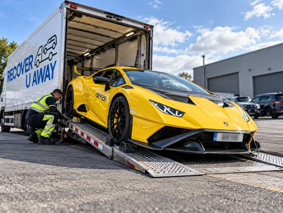 Europe to UK Supercar & Prestige Vehicle Transport Lamborghini Huracan STO Being Transported Through France to Uk