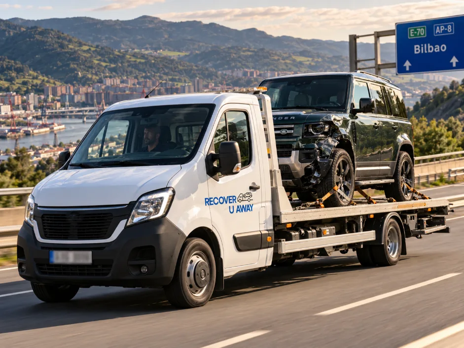 European accident recovery Land Rover Defender Vehicle Recovery Spain To UK.