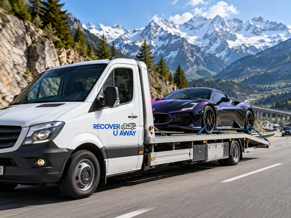 Europe to UK Supercar & Prestige Vehicle Transport Maserati MC20 supercar being transported through the French Alps on its way to the UK.