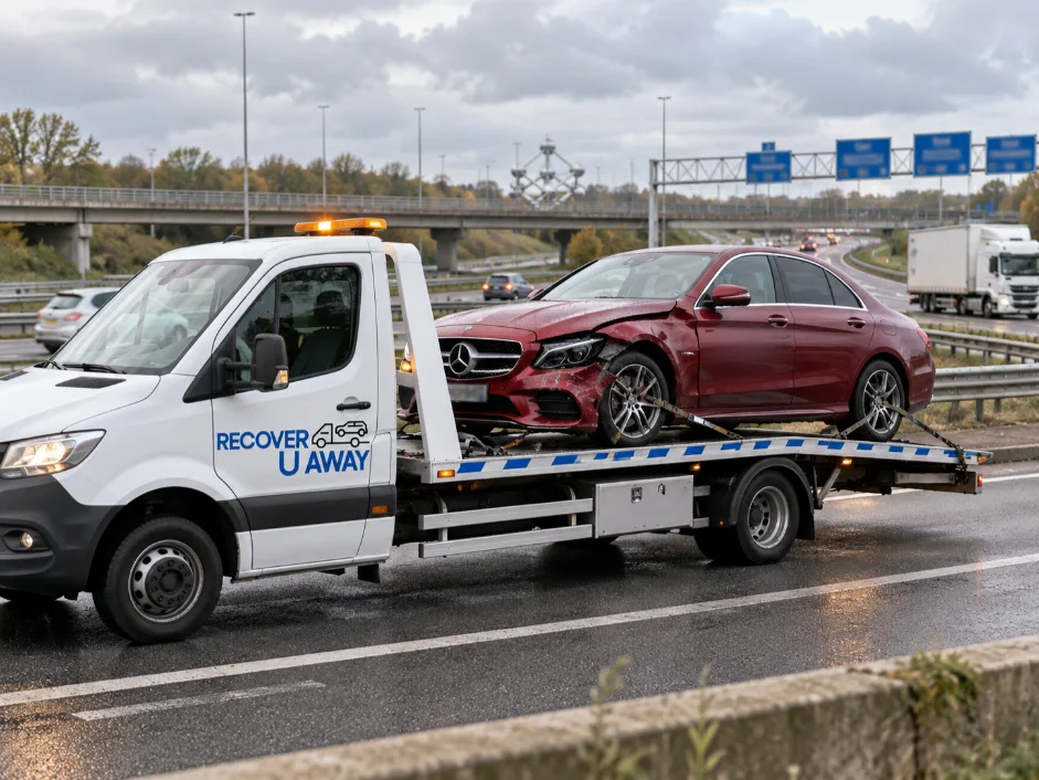 European accident recovery Mercedes E Class Accident Recovery Belgium Europe To UK.